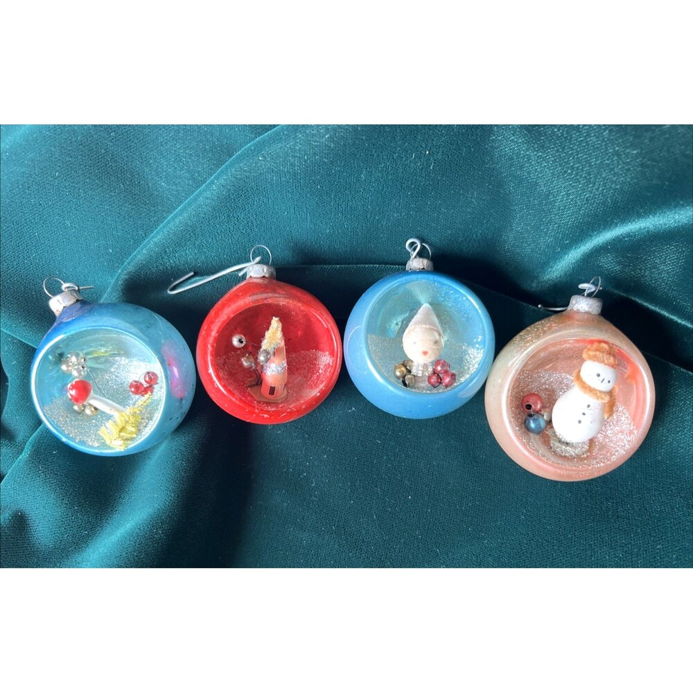 Set Of 4 Vintage Indent Mercury Glass Diorama Christmas Ornaments Japan Ornament